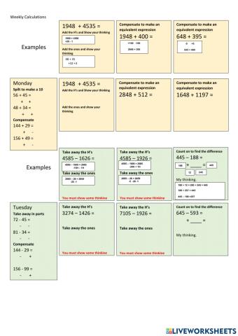 CHILL 5 Addition Subtraction Revision Set 1 Monday Tues