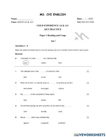 09.05.22 - Gold A2A2+- KET Practice