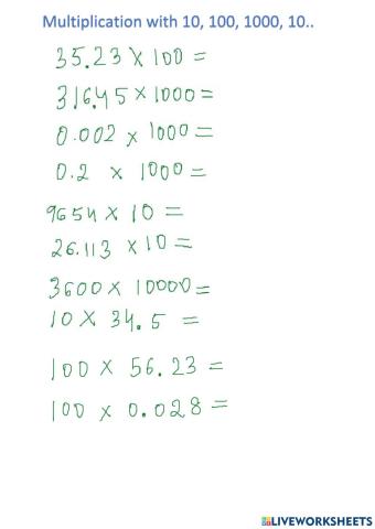 Multiplication with 10, 100, 1000 ..