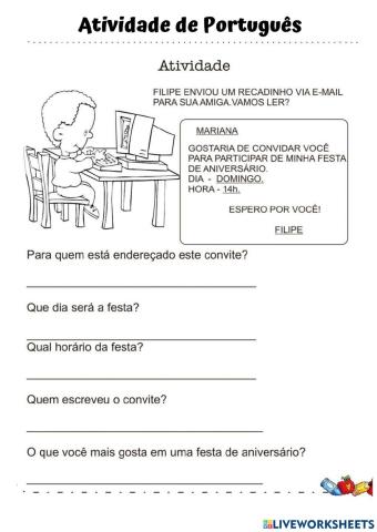 Interpretação de texto - convite aniversario