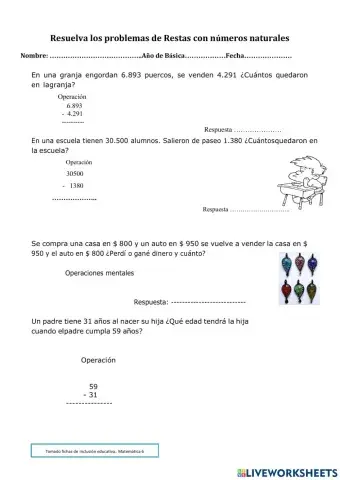 Resuelve problemas de restas de números  naturales 