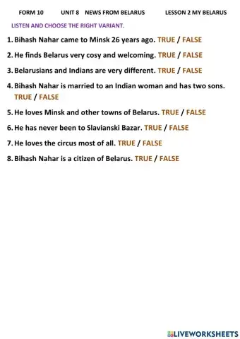 My Belarus U9 L2 Listening True False