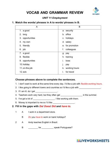VOCAB AND GRAMMAR REVIEW UNIT 11 Employment