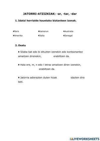 JATORRI-ATZIZKIAK: -ar, -tar, -dar
