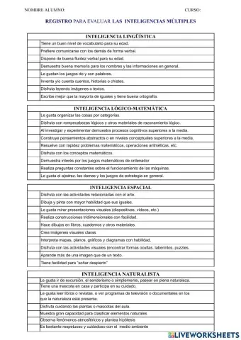 Lista cotejo inteligencias multiples