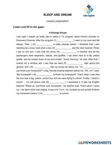 SLEEP AND DREAM  Lesson preparation