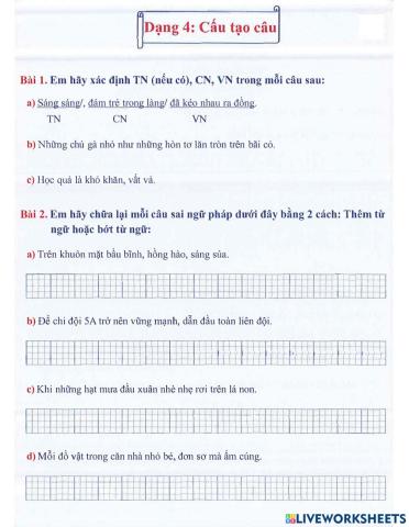 Tiếng Việt 4 lên 5 - Dạng 4: Cấu tạo câu