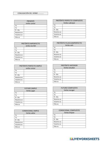 Conjugación verbal varios verbos