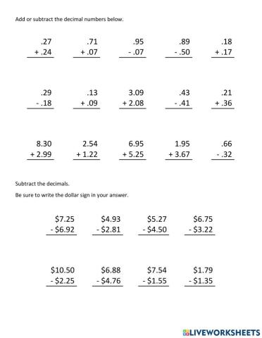 Adding and Subtracting Decimals