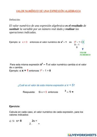 Valor Numérico de una expresión algebraica