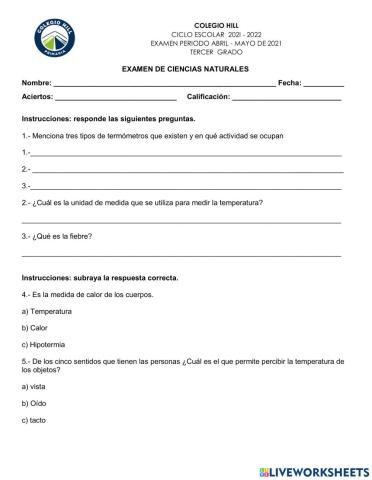 Examen de ciencias naturales abril