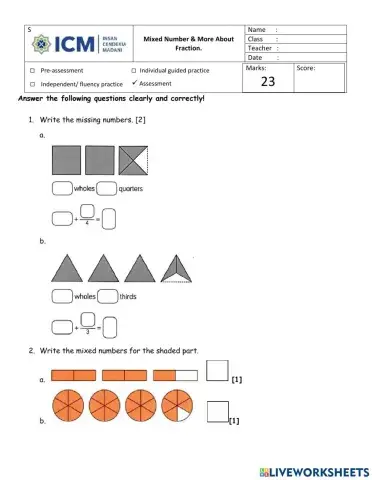 Assessment Mixed Numbers and More about fraction