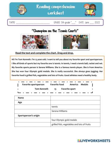 Reading comprehension worksheet - 5° básico A