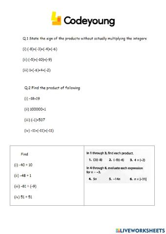 An Introduction to Multiplication and Division of Integers Concept CW