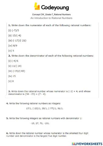 An Introduction to Rational Numbers concept CW