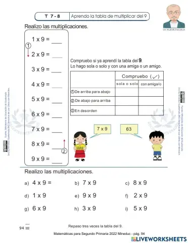 Matemáticas para Segundo Primaria 2022 Mineduc - pág. 94 - Repaso tres veces la tabla del 9.