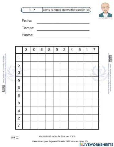 Matemáticas para Segundo Primaria 2022 Mineduc - pág. 104 - Lleno la tabla de multiplicación