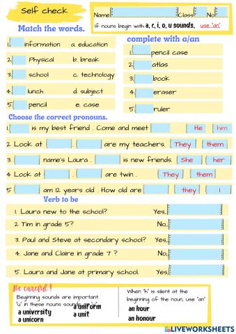 Verb to be ,pronouns, articles,school subjects