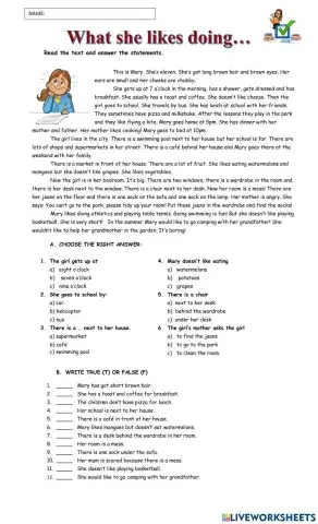 Reading Comprehension: What She likes doing