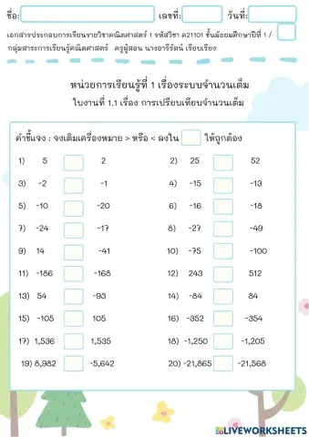 ใบงาน 1.1 หน่วยที่ 1 เรื่อง การเปรียบเทียบจำนวนเต็ม