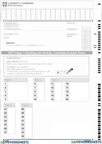 Reading Answer sheet KET U7-8 Practice Test Booklet