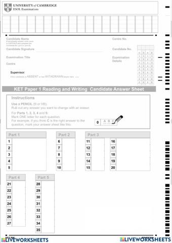 Reading Answer sheet KET U7-8 Practice Test Booklet