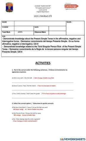 Unit 1 Year 7 ºA Handout nº4