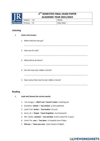 2nd Final Semester Test P4