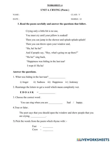 Crying ( poem ) worksheet 6