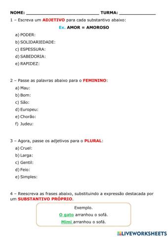 Substantivos, adjetivo e verbos