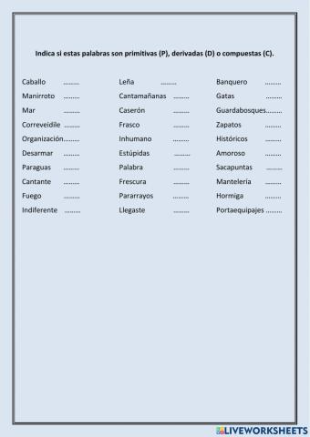 Palabras primitivas, derivadas y compuestas