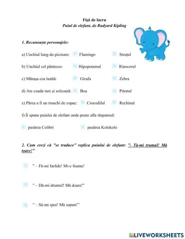 Puiul de elefant, de Rudyard Kipling - Fișă  de lucru