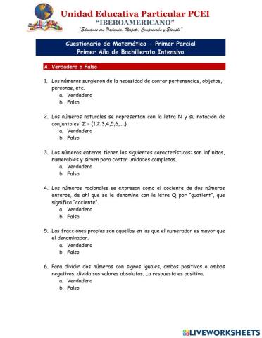 Cuestionario Primer Parcial Matemática - 1ro Intensivo