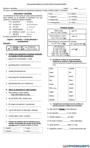 Evaluación asverbios frecuencia, miembros de la fabilia, verbos presente simple