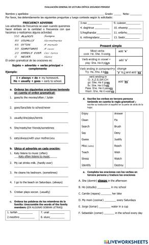 Evaluación asverbios frecuencia, miembros de la fabilia, verbos presente simple