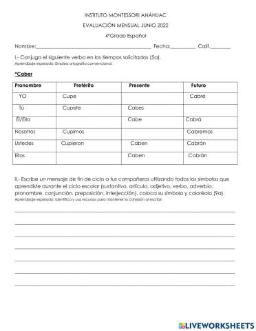 Evaluaciòn de eespañol junio
