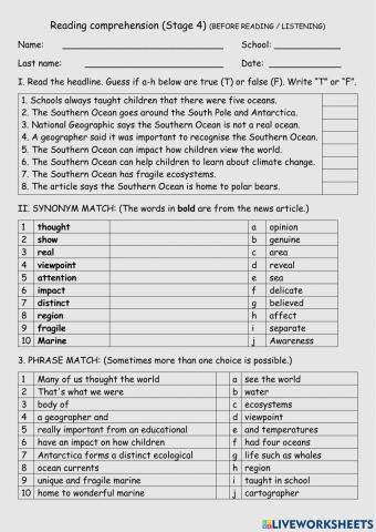 Reading comprehension (Stage 4)
