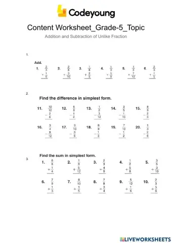 Content Worksheet-Addition and Subtraction of Unlike Fraction