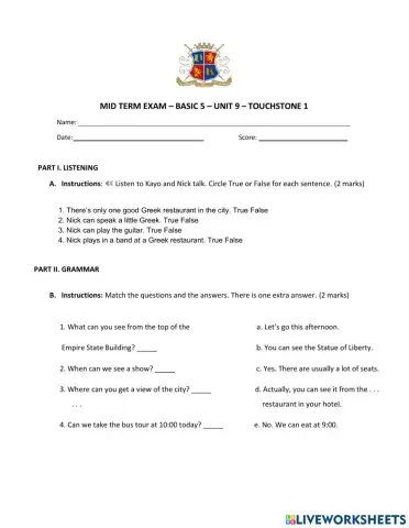 Basic 5 - touchstone 1 - unit 9