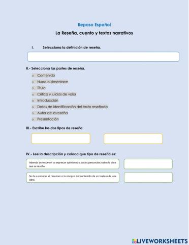 La reseña, cuento y textos narrativos