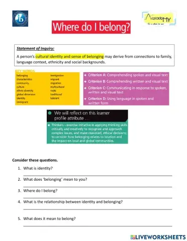 English Language MYP 9 Phase 3-4 Unit 1: Where do I Belong?