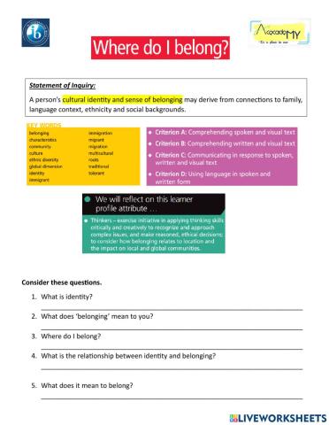 English Language MYP 9 Phase 3-4 Unit 1: Where do I Belong?