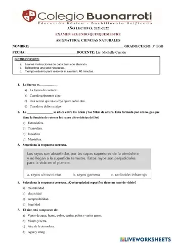 Examen 2do q ciencias naturales 5to