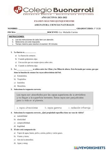 Examen 2do q ciencias naturales 5to
