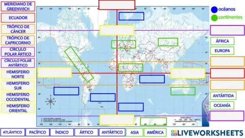 Líneas imaginarios, continentes, océanos & hemisferios
