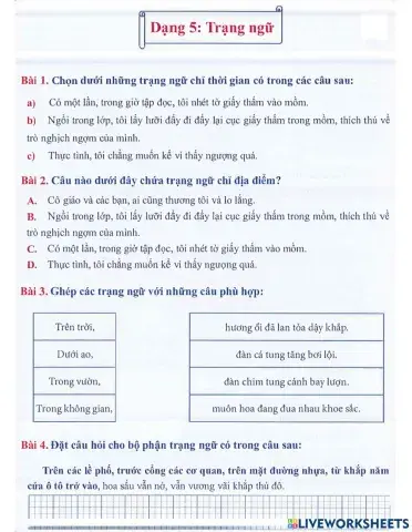 Tiếng Việt 4 lên 5 - Dạng 5: Trạng ngữ
