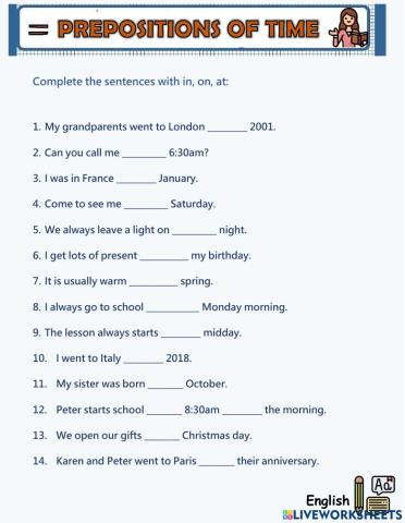 Prepositions of Time: in,on,at
