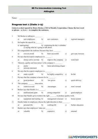 BE PreIntermediate Listening Test