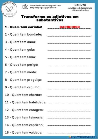 Transforme substantivos em adjetivos