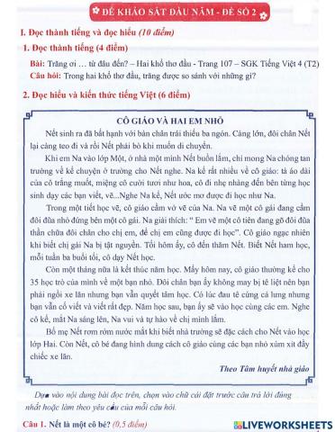 Tiếng Việt 4 lên 5: Đề khảo sát đầu năm số 2